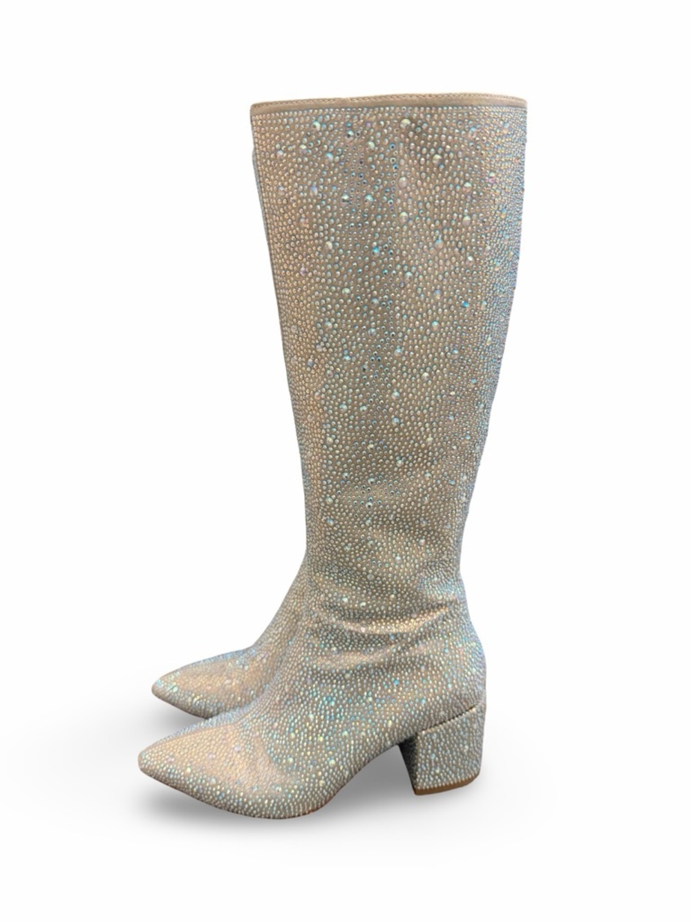 Wetkiss Iridescent Crystal Rhinestone Chunky Heel Knee High Boots  Size 6.5